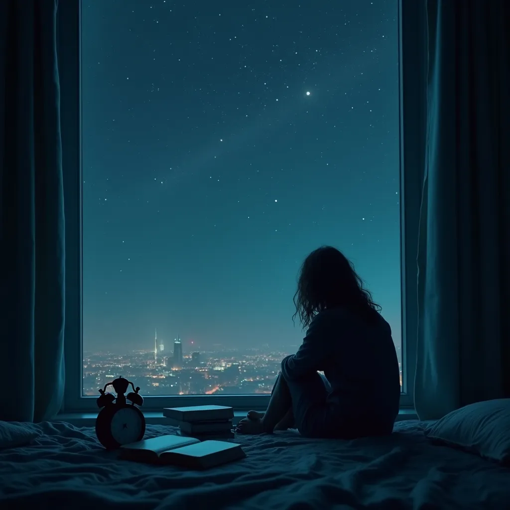 Prompt: (dark and moody), (insomnia theme), vast night sky filled with stars, ethereal and haunting ambiance, faint glow of a distant city, shadowy figure sitting on a bed, surrounded by scattered books and clocks, representing time standing still, deep blues and blacks contrasted with subtle silver hues, high contrast, ultra-detailed, emotional depth reflecting struggle and solitude, capturing the essence of sleepless nights.