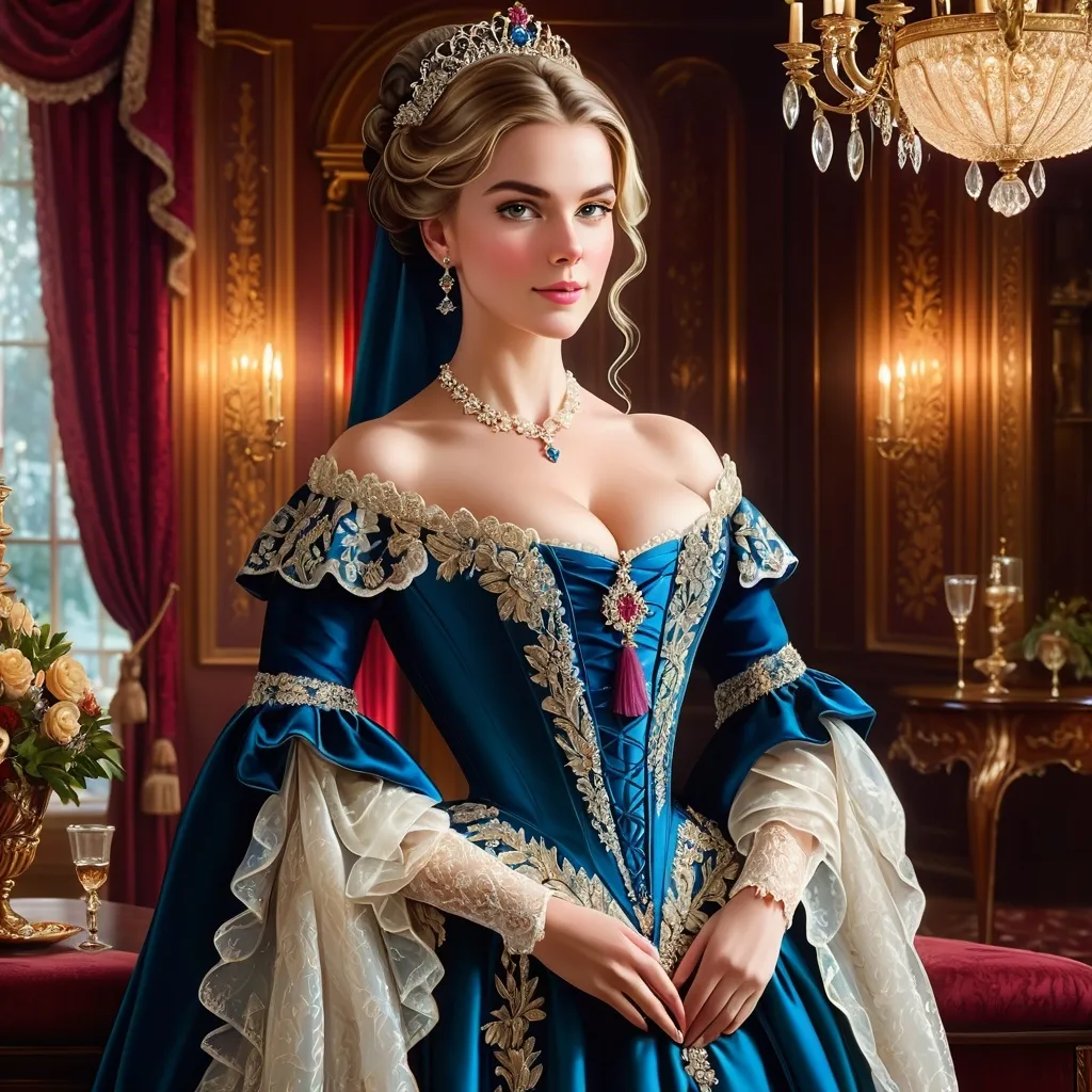 Prompt: (elegant 1600s woman), historically accurate gown, adorned with intricate lace, lavish sparkling jewelry, (soft warm lighting), standing in a beautifully designed parlor, rich color tones, opulent decor, (highly detailed textures), saturated hues, atmospheric elegance, inviting ambiance, (4K ultra-detailed), artistry that captures the essence of wealth and sophistication.