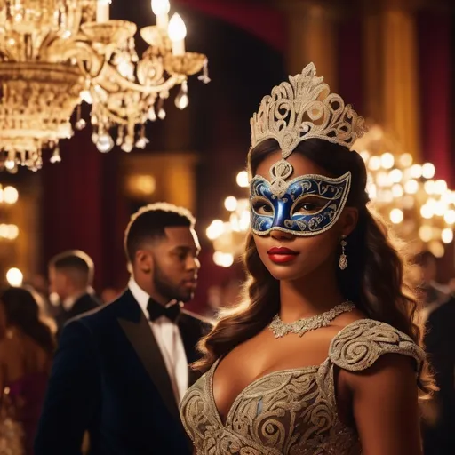 Prompt: (masquerade ball), costumes adorned with intricate patterns, (elegant masks), festive atmosphere, (dramatic lighting), swirling forms, opulent background filled with chandeliers and vibrant tapestries, soft shadows creating a sense of motion, a lively crowd enjoying the celebration, (HD), high-quality details, magical ambiance, labyrinth