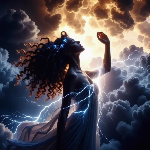 Prompt: Lightening goddess, (ethereal) divine femininity, (mystical lighting), surrounded by stormy clouds, bright flashes of light illuminating her figure, striking poses evoking power and sovereignty, vibrant contrasts of deep blues and electric whites, (ultra-detailed) composition, enchanting atmosphere, powerful and fierce expression, embodying freedom and strength amidst the tempest, textured cloudscapes in the background.