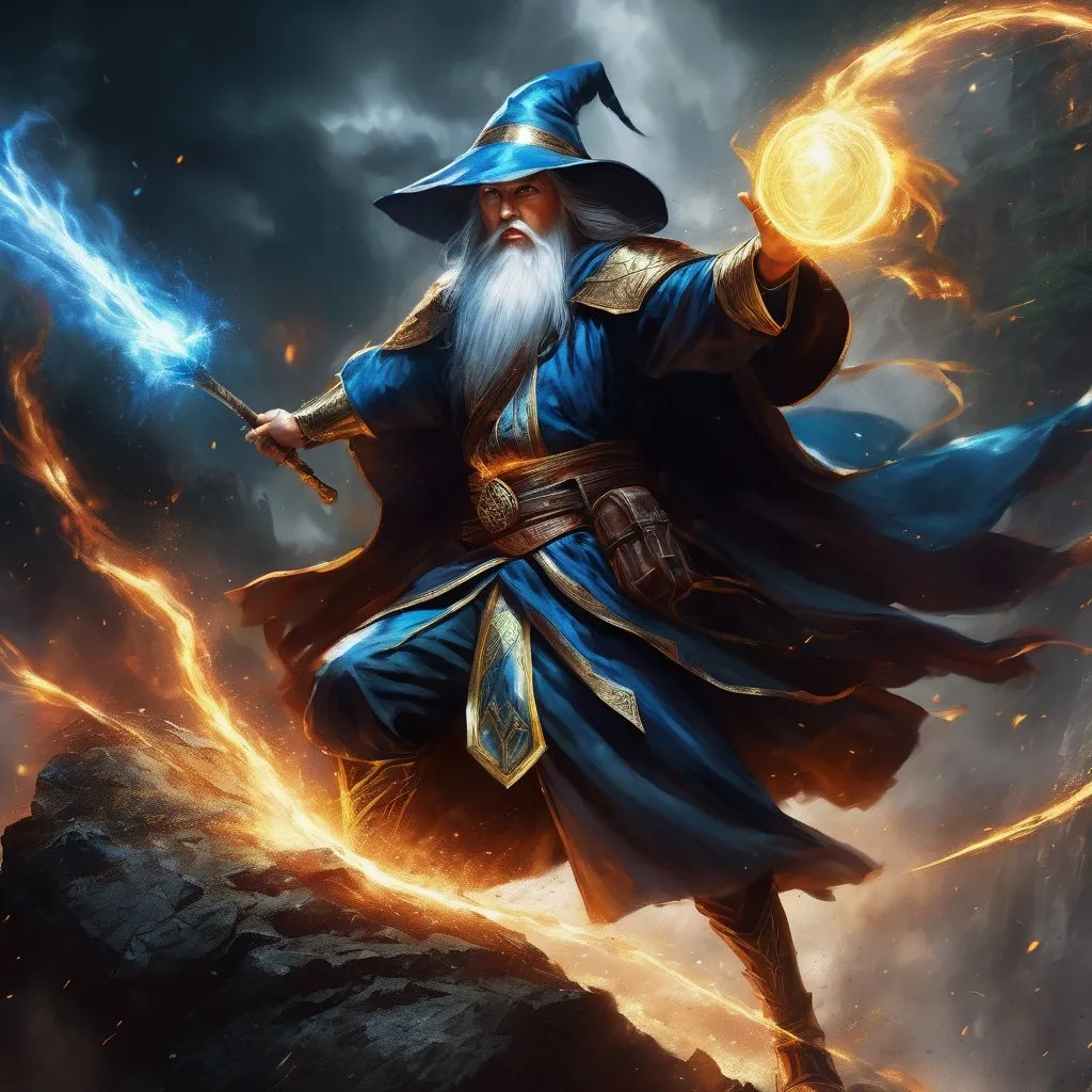 Prompt: Wizard fighting in battle , digital painting, extremely detailed, HD, determined expression, action stance, powerful presence, majestic atmosphere, dramatic lighting, rich colors, intense eyes, dynamic composition, professional, atmospheric lighting, detailed costume, fantasy, action