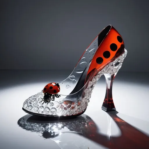 Prompt: Experimental glass shoes, avant-garde, high-concept, cutting edge, unconventional materials, crystal ladybug motif, professional lighting, high quality photography 