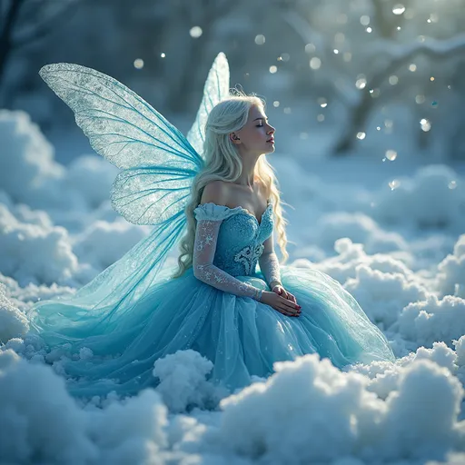 Prompt: Frost fairy, Frozen in time, (ethereal scene), icy landscapes, glistening frost, (tranquil atmosphere), vibrant blue and white hues, intricate ice formations, ethereal mist, shimmering snowflakes, timeless objects surrounded by ice, soft ambient lighting, surrealist elements, (highly detailed), captivating depth, (4K resolution), evoking feelings of peace and contemplation.