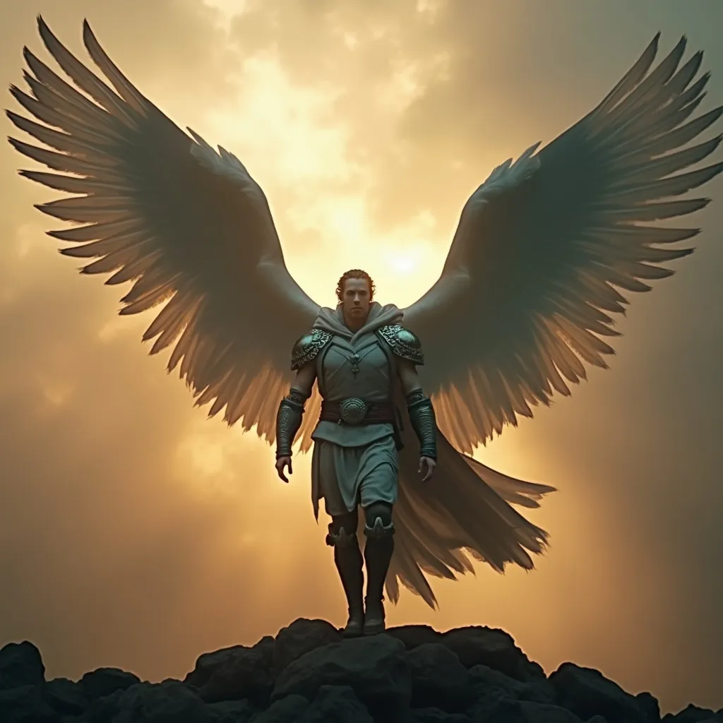 Prompt: Avenging angel, majestic wings spread wide, cloaked in ethereal colors, surrounded by an aura of vengeance. Powerful expression, military stance, with determination radiating from the figure. 4K ultra-detailed, cinematic atmosphere invoking awe and intensity.