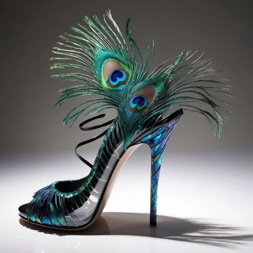 Prompt: Experimental glass shoes, avant-garde, high-concept, cutting edge, unconventional materials, peacock feather pattern, professional lighting, high quality photography 