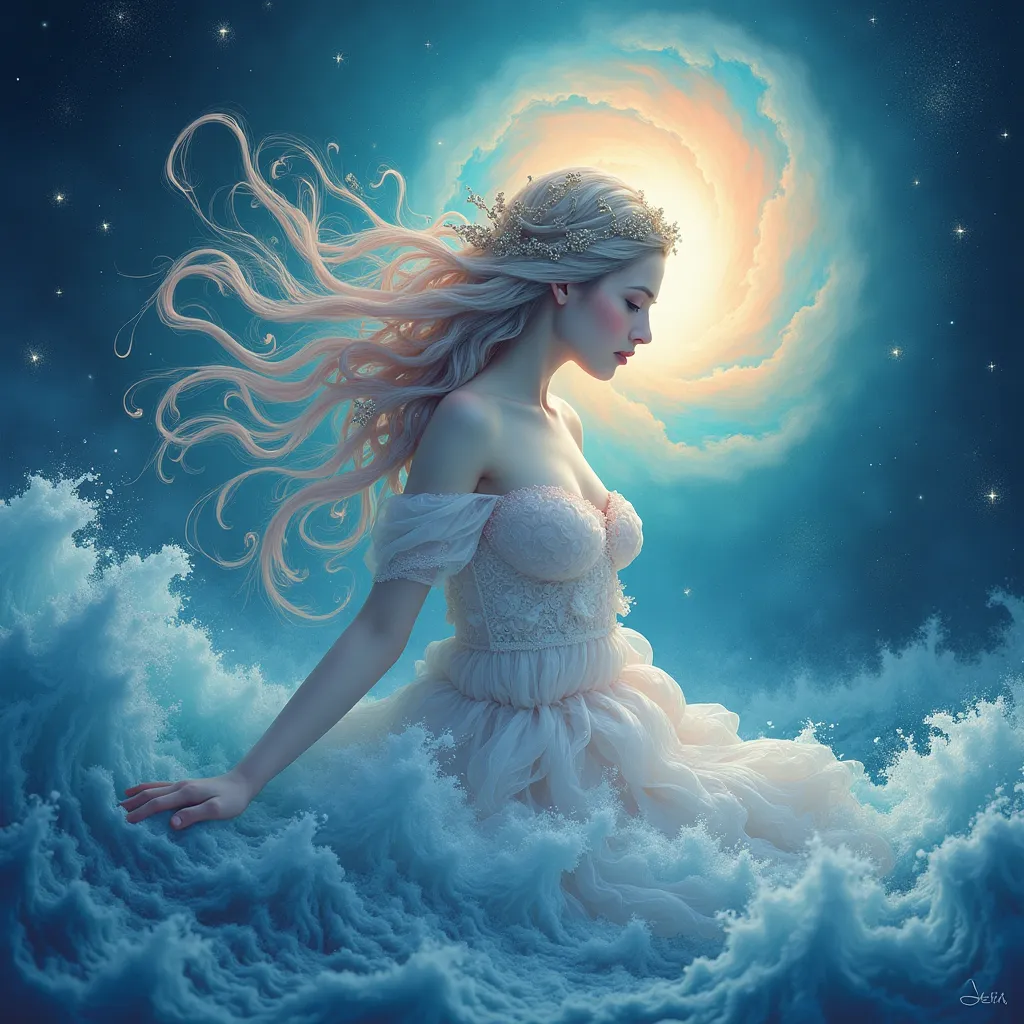 Prompt: (Female Pisces energy), ethereal and dreamy ambiance, flowing fabrics, soft waves, captivating ocean motifs, intricate details, pastel colors, serene blues and gentle pinks, mystical symbols, artistic oceanic background, sparkling stars, luminous glow, a tranquil mood, representing creativity and intuition, emotionally inspiring, overall harmonious vibe, captivating and enchanting atmosphere.