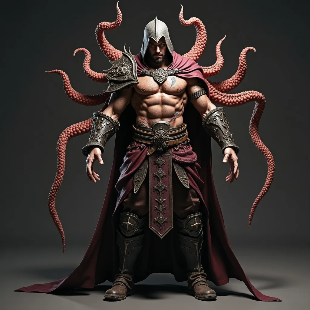 Prompt: video game model, male crusader, (dynamic pose), Diablo Immortal style, Halloween themed costume, tentacles protruding from body