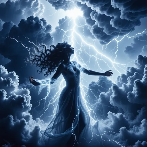 Prompt: Lightening goddess, (ethereal) divine femininity, (mystical lighting), surrounded by stormy clouds, bright flashes of light illuminating her figure, striking poses evoking power and sovereignty, vibrant contrasts of deep blues and electric whites, (ultra-detailed) composition, enchanting atmosphere, powerful and fierce expression, embodying freedom and strength amidst the tempest, textured cloudscapes in the background.