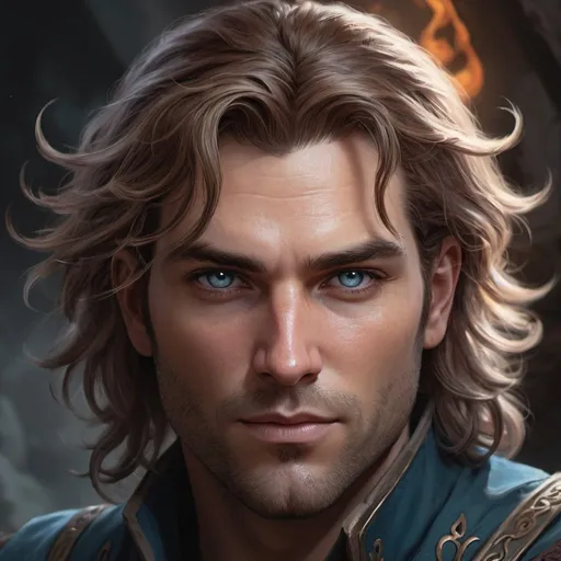 Prompt: Gale from Baldur’s Gate 3, digital painting, floating magical artifacts, detailed flowing hair, hauntingly handsome facial features, mystical aura, high quality, fantasy, dark and moody tones, magical lighting