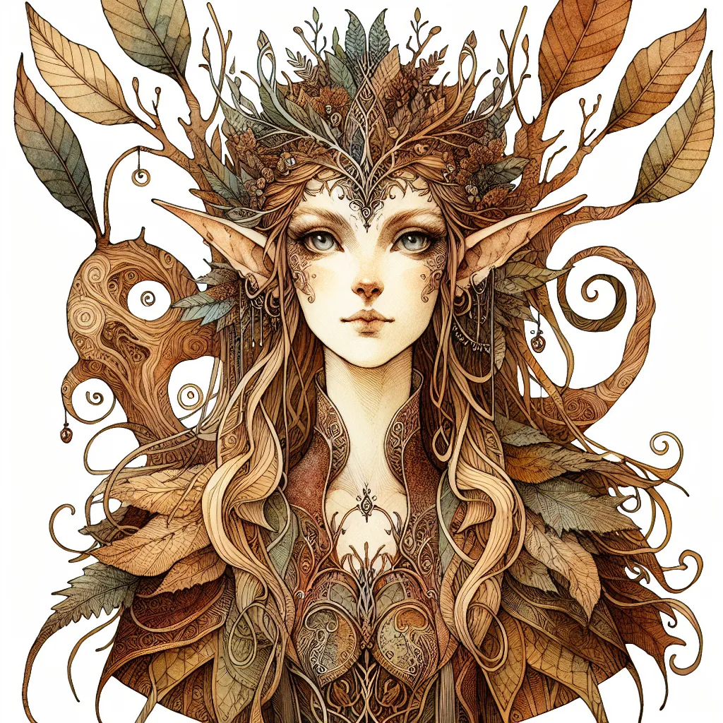 Prompt: (Elf), inspired by (Brian Froud) style, intricate details, whimsical features, earthy tones