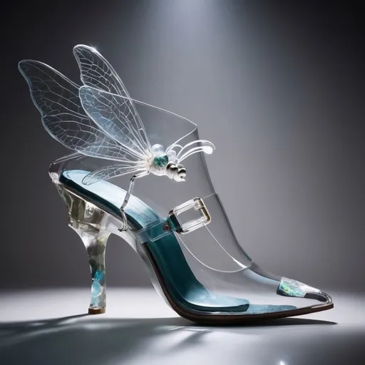 Prompt: Experimental glass shoes, avant-garde, high-concept, cutting edge, unconventional materials, crystal dragonfly closure, professional lighting, high quality photography 