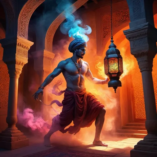 Prompt: Djinn escaping from their lamp, mystical smoke, ancient Arabic architecture, vibrant and fiery color palette, high-quality, digital painting, detailed and intricate patterns, magical atmosphere, intense and dynamic lighting, fantasy art, fantasy, mystical, vibrant colors, intricate details, atmospheric lighting, escaping, magical smoke, ancient architecture, digital painting