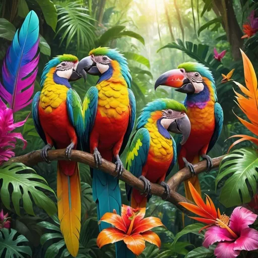 Prompt: (vibrant) Rainbow jungle birds, lush greenery, tropical foliage, vivid plumage, mesmerizing colors, dynamic movement, sunlight filtering through leaves, exotic flowers, enchanting atmosphere, harmonious nature, high detail feathers, intricate patterns, colorful habitat, (HD), a celebration of wildlife beauty.