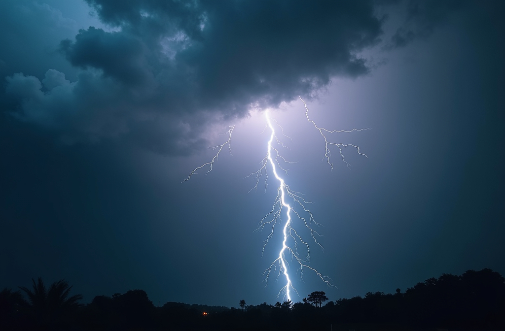 Prompt: (lightning storm), (dramatic atmosphere), overcast skies, dark clouds, bright bolts striking, nature's fury, contrasting light and shadow, thunderous ambiance, electrifying energy, rich textures, turbulent winds, high-detail, 4K resolution, breathtaking display of power in nature, moody lighting, immersive experience.