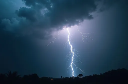 Prompt: (lightning storm), (dramatic atmosphere), overcast skies, dark clouds, bright bolts striking, nature's fury, contrasting light and shadow, thunderous ambiance, electrifying energy, rich textures, turbulent winds, high-detail, 4K resolution, breathtaking display of power in nature, moody lighting, immersive experience.