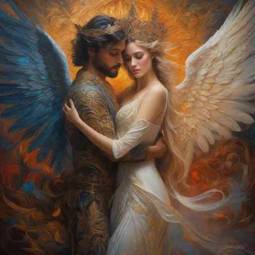 Prompt: Intricately detailed full body portrait of an angel and a demon in a passionate embrace, 8k, high-definition, ethereal oil painting, elaborate celestial wings, captivating facial expressions, exquisite feathered wings, intricate horns and tail, heavenly and hellish fusion, passionate embrace, intense and dramatic lighting, divine and infernal color palette, ornate details, intricate emotions, high definition, ethereal, dramatic lighting, oil painting, heavenly, hellish