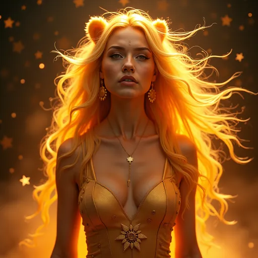 Prompt: (Female Leo zodiac energy), fierce and confident aura, vibrant golden hair like a lion, radiant in a celestial backdrop, warm tones of orange and yellow illuminating the surrounding stars, embodying empowerment and strength, meaningful astrological symbols subtly incorporated into the scene, ultra-detailed, captivating ambiance celebrating individuality and passion.