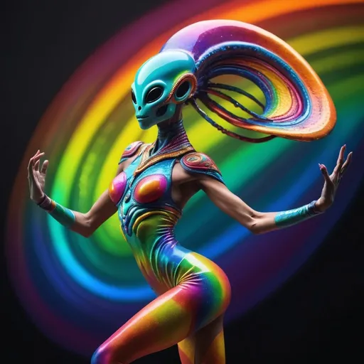 Prompt: Samba dancing female alien, vibrant and exotic materials, energetic movement, high quality, stunning, surreal, alien dance, rainbow tropical colors, dynamic pose, detailed alien features, intergalactic atmosphere, vivid and bright, otherworldly lighting, sci-fi, professional, vibrant color tones, exotic materials, cosmic ambiance