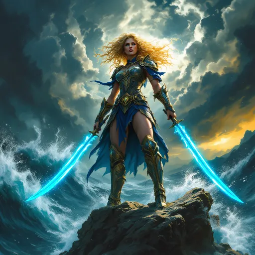 Prompt: Envision a powerful female tempest, her silhouette dynamic and fierce, standing atop a craggy cliff with stormy skies swirling, she is holding two glowing blue, curved daggers,She wears intricately detailed armor. Her blonde curly hair, wild and whipped by the wind, flows like a cascade of tempestuous sea,  A banner with the word “Trini” Accurately spelled is above her