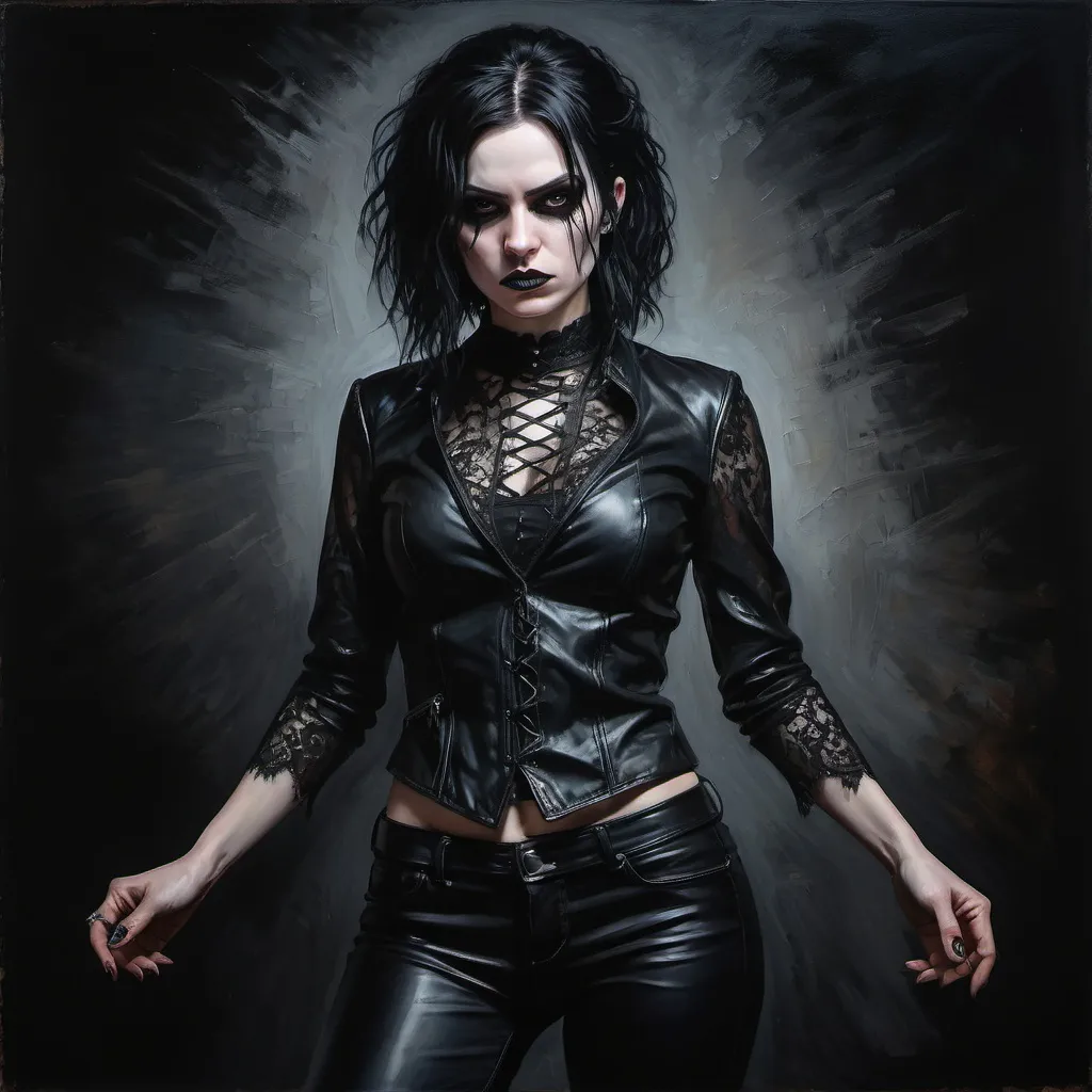 Prompt: Full body detailed action portrait of goth woman, oil painting, dynamic pose, dramatic lighting, high contrast, detailed lace and leather textures, intense expression, dark and moody atmosphere, professional, highres, oil painting, goth, dynamic pose, dramatic lighting, detailed textures, intense expression, dark atmosphere