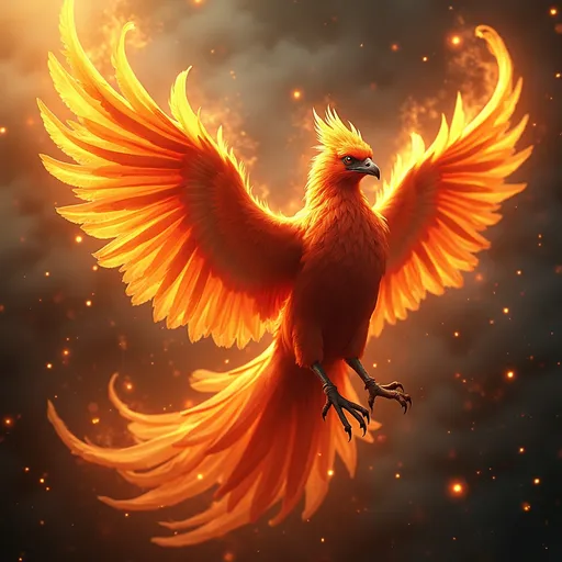 Prompt: (High detailed nature portrait), (majestic phoenix), vibrant fiery colors, intricate feathers blending with glowing embers, ethereal atmosphere enhanced by dramatic lighting, background of swirling flames and smoke creating a dynamic scene, soft golden undertones adding warmth, ultra-detailed, hyper-realistic, photorealistic, capturing the essence of this mythical creature in a breathtaking tableau.