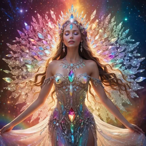 Prompt: Rainbow crystal goddess, (ethereal figure), intricate crystal dress, surrounded by shimmering rainbow crystals, (glowing aura) radiating vibrant hues of light, (magical atmosphere) enchanting and uplifting, (intricate crystal details), surrounded by a celestial background, stars twinkling faintly, (vibrant colors), illuminated with soft glows, showcasing reflections and refractions of light, (highly detailed), spellbinding expression of grace and beauty.