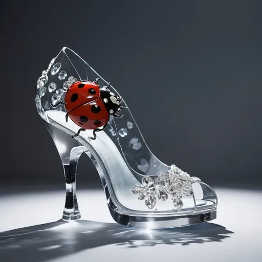 Prompt: Experimental glass shoes, avant-garde, high-concept, cutting edge, unconventional materials, crystal ladybug motif, professional lighting, high quality photography 