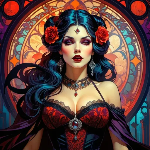 Prompt: Vampire horror queen, (dynamic pose), vibrant colors, dramatic lighting, (intense expression), horror-themed atmosphere, detailed costume with intricate patterns, background filled with haunting shadows, high resolution, ultra-detailed textures, evokes suspense and thrill. The overall ambiance is chilling and captivating, reminiscent of classic horror films.