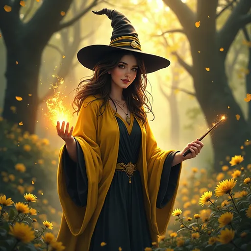 Prompt: (Hufflepuff witch) dressed in a yellow and black robe, vibrant magical aura surrounding her, glowing wand in hand, a beautiful and lush Hogwarts-inspired setting in the background filled with blooming flowers and towering trees, ultra-detailed, enchanting vibe, HD quality.