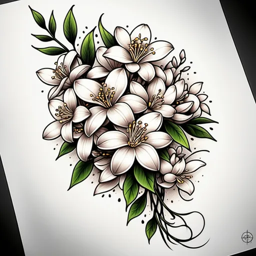 Prompt: (vibrant) jasmine flower bouquet tattoo flash for back, intricate details, captivating blooms, black ink outlines, textures of petals, hatching, skilled artistry, (distinctive design), bold colors, timeless elegance, minimalist layout, dynamic composition, ideal for tattoo enthusiasts, HD quality, unique aesthetic, showcasing creativity and passion for body art.