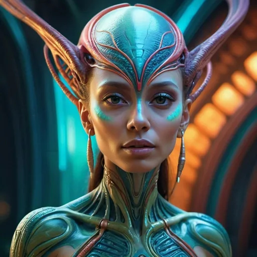 Prompt: Stunning alien woman, digital painting, exotic features, vibrant and alluring, dynamic pose, high quality, sci-fi, fantasy, ethereal lighting, intricate details, surreal beauty