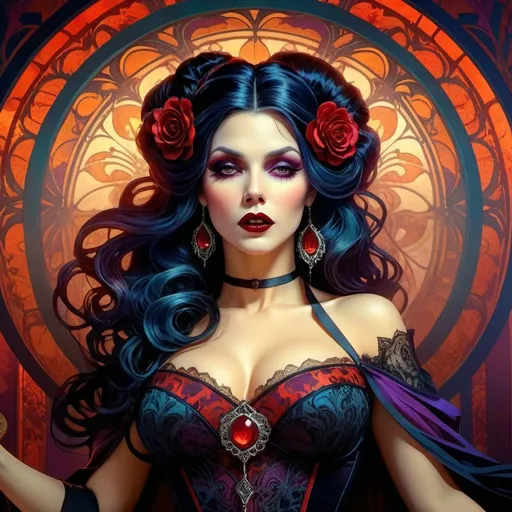 Prompt: Vampire horror queen, (dynamic pose), vibrant colors, dramatic lighting, (intense expression), horror-themed atmosphere, detailed costume with intricate patterns, background filled with haunting shadows, high resolution, ultra-detailed textures, evokes suspense and thrill. The overall ambiance is chilling and captivating, reminiscent of classic horror films.