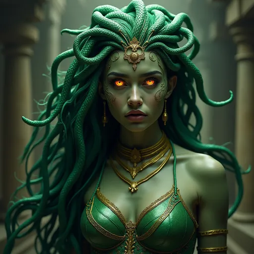 Prompt: (Medusa), enchanting and mysterious figure with serpentine hair, vibrant green and gold tones, strikingly beautiful yet fearsome expression, shadowy ancient ruins background, ethereal glow illuminating her face, (highly detailed), rich textures and depth, (cinematic atmosphere), capturing the essence of mythology and allure.