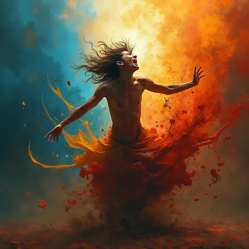 Prompt: Passion personified, an intense portrayal of raw emotion, dynamic poses, flowing movements, background filled with abstract swirling colors, vibrant and expressive atmosphere, dramatic lighting, ultra-detailed, high-definition 