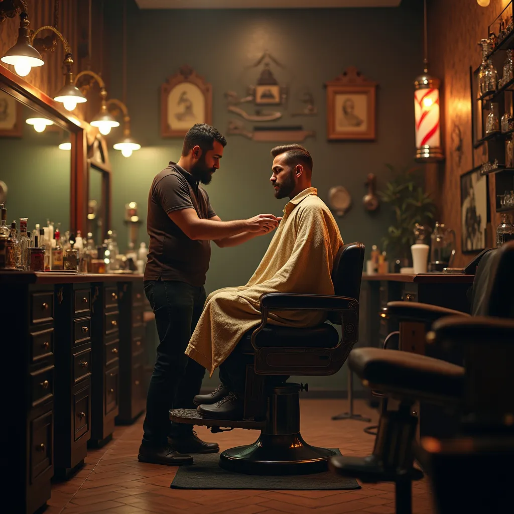 Prompt: (barber shop scene), (cozy atmosphere), vintage wooden barber chair, warm muted colors, rich textures, welcoming ambiance, soft golden lighting, vintage tools displayed, retro decor on walls, barbershop pole in background, engaging interaction between barber and client, ultra-detailed, 4K quality, evokes a sense of camaraderie and relaxation.