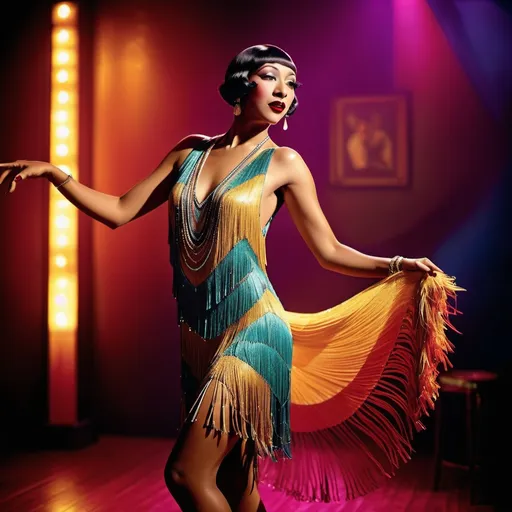 Prompt: Flapper dancing in a 1920s jazz-age nightclub, vibrant and colorful, full body, Josephine Baker, shimmering fringe dress, confident posture, smoky and dim lighting, high quality, vibrant colors, glamorous, 1920s, jazz-age, confident stance, dim lighting, nightlife