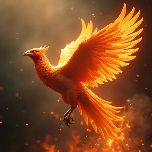 Prompt: (Highly detailed portrait), (majestic phoenix), vibrant fiery colors, intricate feathers, glowing embers, ethereal atmosphere, dramatic lighting, background of swirling flames and smoke, soft golden undertones, ultra-detailed, hyper-realistic, photorealistic 