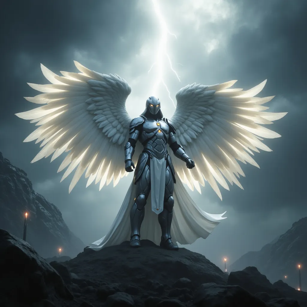 Prompt: Avenging angel, majestic wings spread wide, cloaked in ethereal white and silver tones, surrounded by an aura of vengeance. Ethereal glowing light breaking through dark stormy skies in the background, creating a captivating contrast. Powerful expression, poised stance, with determination radiating from the figure. 4K ultra-detailed, cinematic atmosphere invoking awe and intensity.