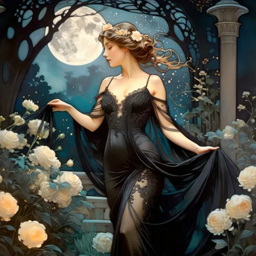 Prompt: Elegant woman walking in a moonlit garden, classical oil painting, flowing black gown with intricate lace details, ethereal and graceful movement, moonlit shadows, high quality, classical art, graceful beauty, moonlit garden, oil painting, flowing gown, lace details, ethereal movement, moonlit shadows, classical, elegant, soft lighting