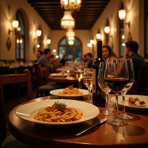 Prompt: (Scenes from an Italian restaurant), cozy ambiance, warm candlelight, rustic wooden tables, delicious pasta dishes displayed, red and white wine, romantic atmosphere, patrons enjoying their meals, soft classic Italian music, detailed table settings, olive oil bottles, artfully arranged desserts, ultra-detailed, vibrant warm colors, HD quality, cinematic depth.