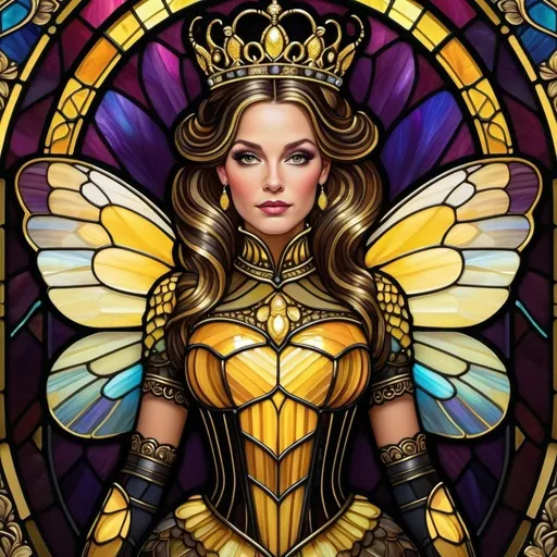 Prompt: Queen bee, regal and commanding stance, intricate gold and black stripes, detailed wings with shimmering iridescence, elegant and ornate crown, luxurious honeycomb background, high quality, realistic