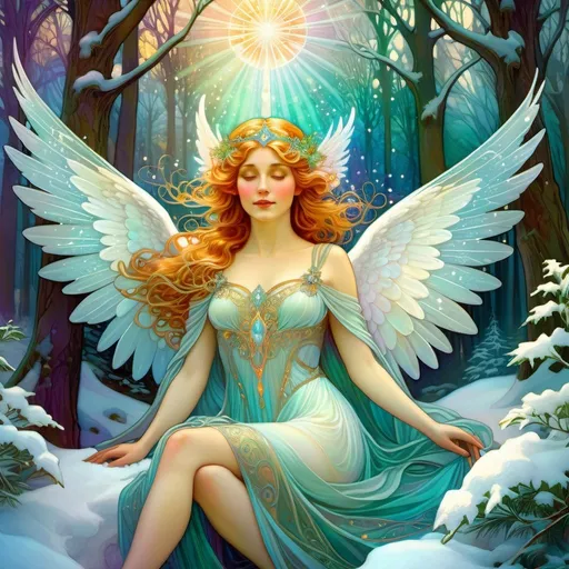 Prompt: Snow angel, fantasy digital painting, mystical forest background, ethereal and magical aura, detailed elven features, high fantasy, vibrant and enchanting color palette, highres, detailed, fantasy, digital painting, mystical, ethereal, magical, vibrant colors, detailed features, enchanting lighting
