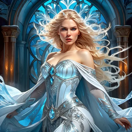 Prompt: Full body detailed action portrait of an ice queen, detailed face, UHD, intense icy atmosphere, flowing blonde hair, fierce expression, frozen, dynamic pose, powerful energy, high quality, detailed portrait, fantasy, ice, intense gaze, royal attire, fierce warrior, dramatic lighting