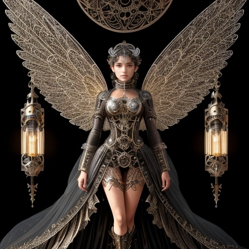 Prompt: (Clockwork angel), mixed race,  intricate mechanical wings, elegant gears intertwined, clockwork clothing and shoes, ethereal glow, wisps of steam, serene expression, halo of delicate cogs, well lit, faint glimmering lights illuminating, mystical, enchanting, highly detailed, fantasy art style, invoking a sense of wonder, 4K, ultra-detailed.