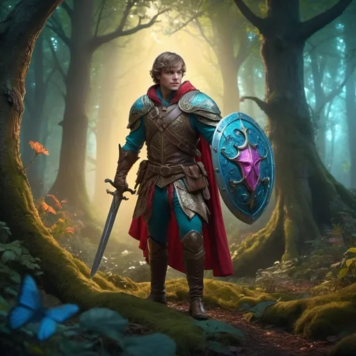 Prompt: Fairytale hero for hire, cinematic, highly detailed, magical realism, enchanting atmosphere, luminous lighting, vibrant colors, whimsical and adventurous, dynamic pose, hero with a sword and shield, intricate costume design, mystical forest background, glowing fairytale creatures, ultra-detailed, high resolution, 4K, professionally rendered.