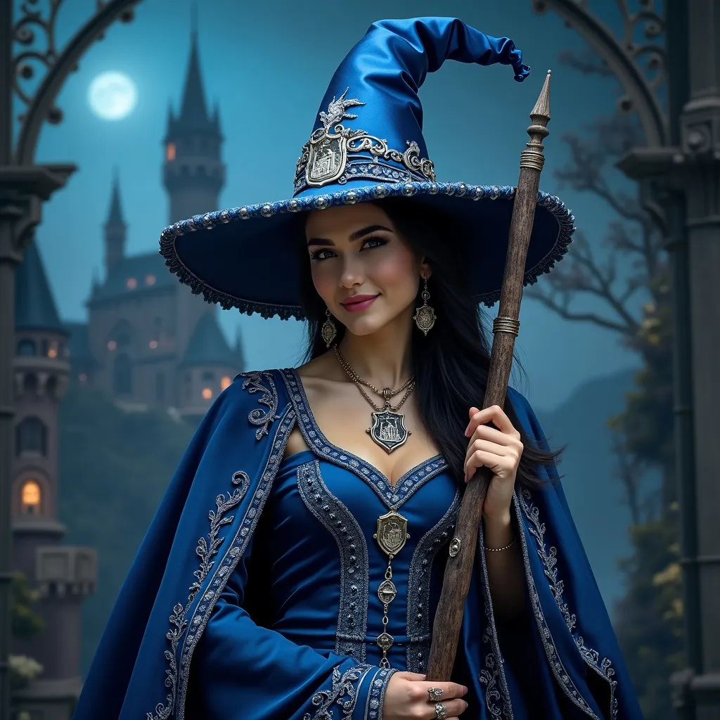 Prompt: Ravenclaw witch, (elegant attire), (flowing robes in blue and silver), holding a wand, (intricate details), (sophisticated and wise expression), ornate background featuring castle towers and the night sky, (mystical ambiance), (enchanting atmosphere), (whimsical elements), (4K), ultra-detailed…