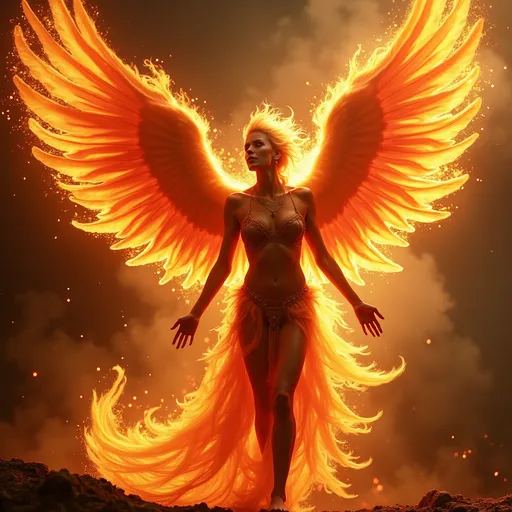 Prompt: Phoenix in human form, (sublime transformation), fiery feathers blending into skin, radiant colors of red, orange, and gold, striking wings partially unfurled, warm and ethereal glow, surrounded by swirling flames, mythical ambiance, high resolution, ultra-detailed, captivating and powerful expression, conveying rebirth, vibrant energy, awe-inspiring atmosphere, dynamic pose, intricate details in accessories￼.