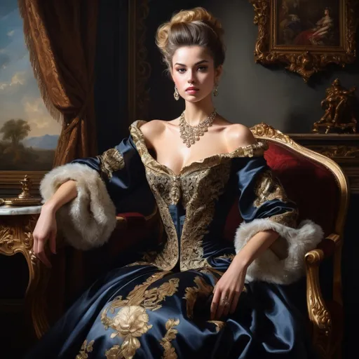 Prompt: Baroque-style oil painting of a distinguished female fashion model, rich textures and intricate details, opulent and luxurious attire, impeccable posture and confident expression, dramatic lighting and deep shadows, aristocratic setting with ornate furniture and lavish draperies, masterfully crafted, realistic portrayal, regal atmosphere, high quality, baroque, oil painting, fashion model, opulent attire, dramatic lighting, aristocratic setting, regal atmosphere, rich textures