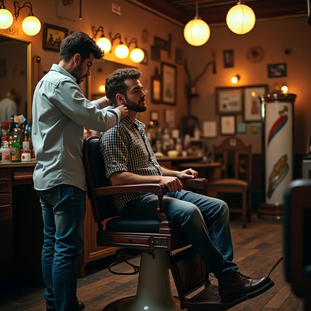 Prompt: (barber shop scene), (cozy atmosphere), vintage wooden barber chair, warm muted colors, rich textures, welcoming ambiance, soft golden lighting, vintage tools displayed, retro decor on walls, barbershop pole in background, engaging interaction between barber and client, ultra-detailed, 4K quality, evokes a sense of camaraderie and relaxation.