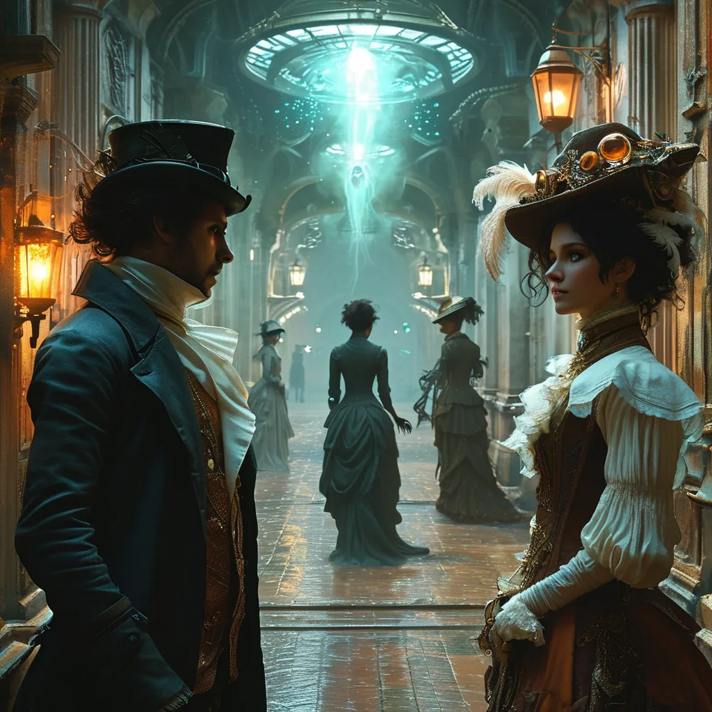 Prompt: (Victorian alien encounter), (steampunk aesthetics), intricate details, richly dressed characters in 19th-century attire, ethereal alien presence, glowing elements, juxtaposition of old and futuristic, lush details, high definition, captivating scene of mystery and intrigue.